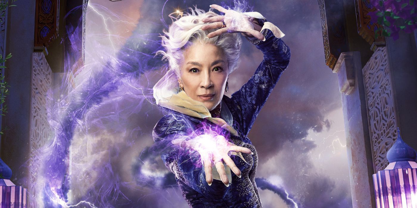 Michelle Yeoh as Madame Morrible casting purple magic.