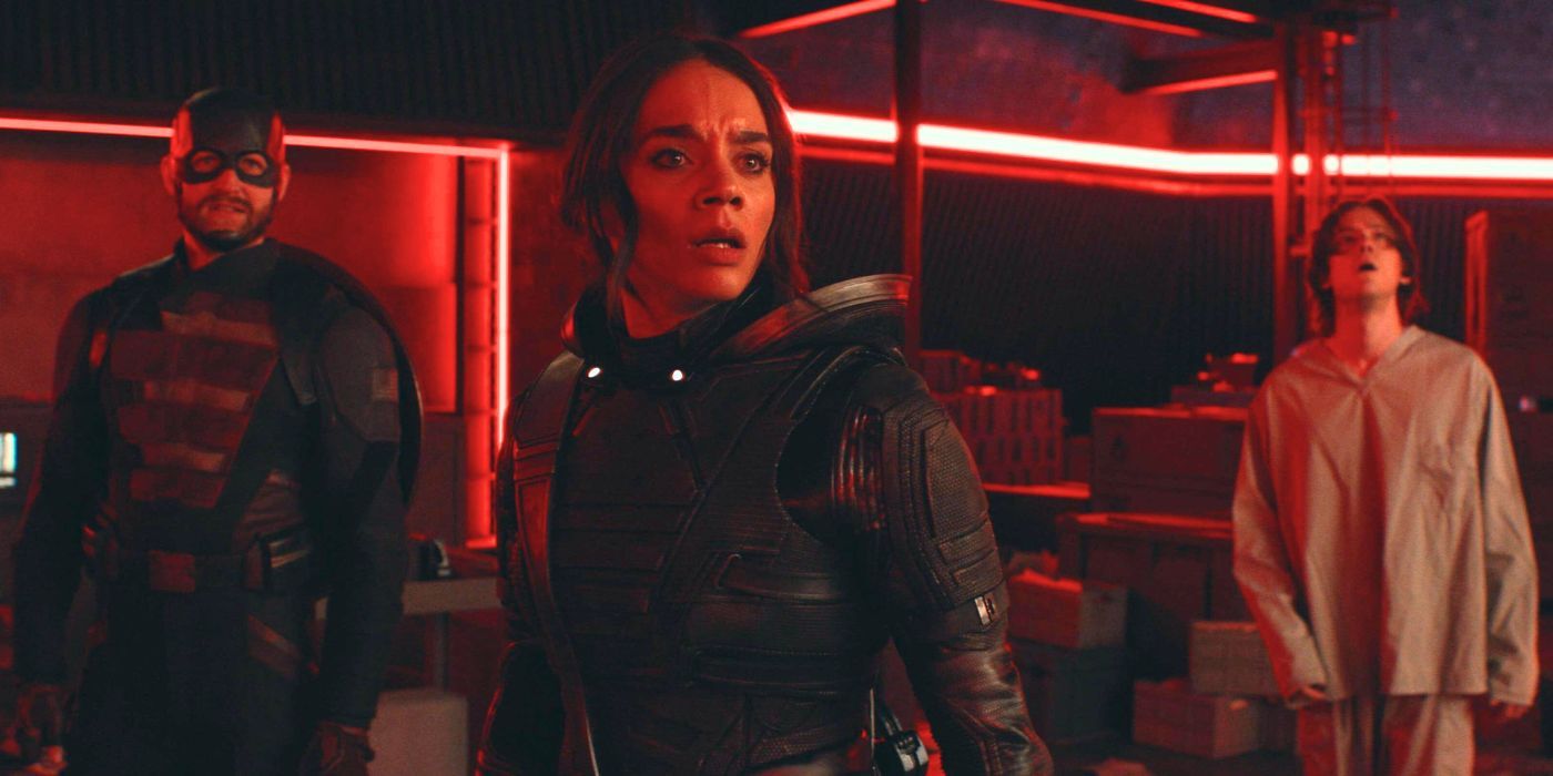 Wyatt Russell, Hannah John-Kamen, and Lewis Pullman as John Walker, Ghost, and Bob in Thunderbolts.