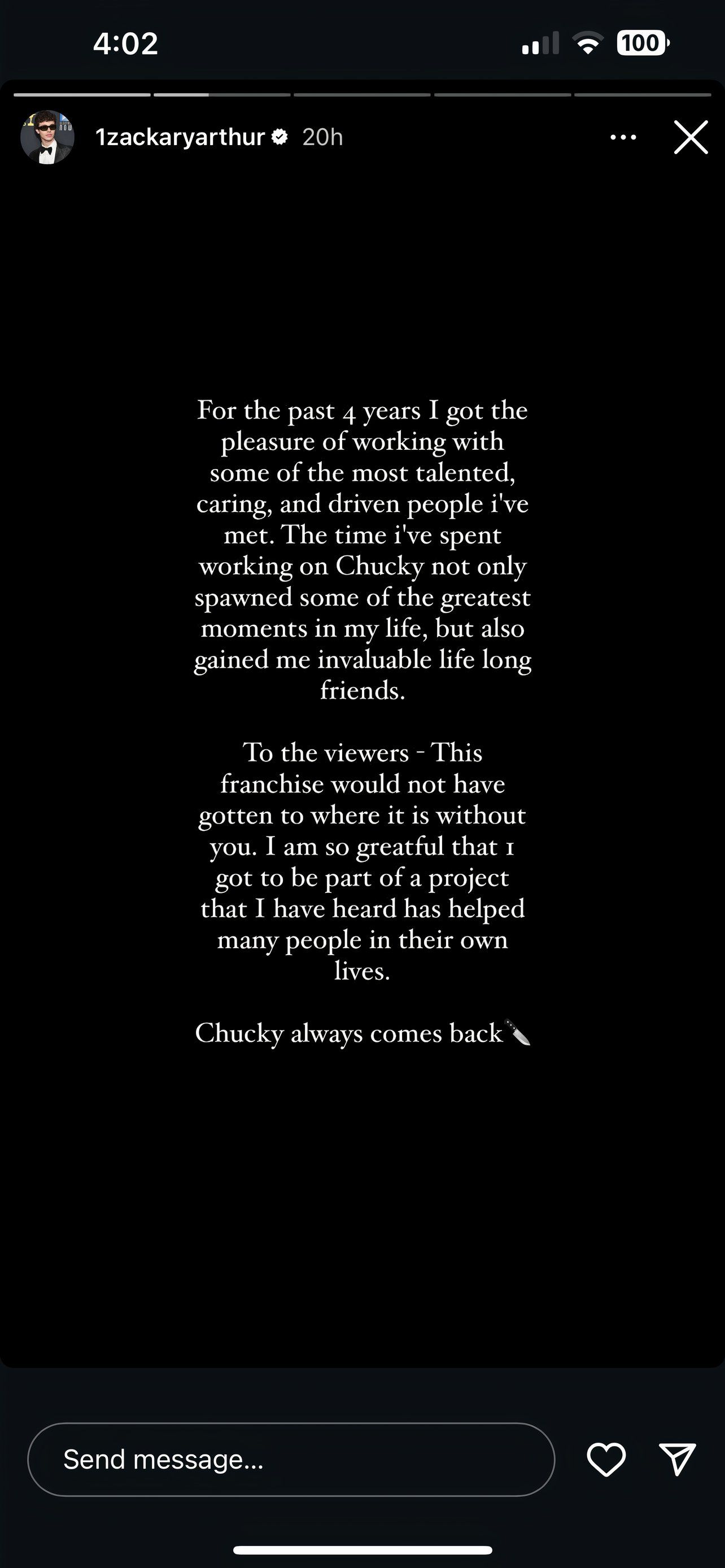 zackary arthur's instagram post after the cancelation of 'chucky'