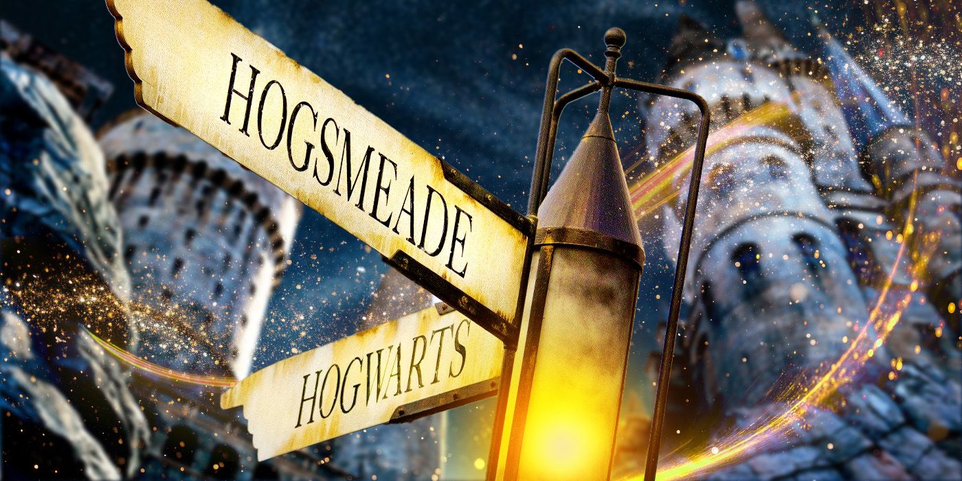 Custom image of a signpost in front of Hogwarts castle from Harry Potter, with signs that read Hogsmeade and Hogwarts