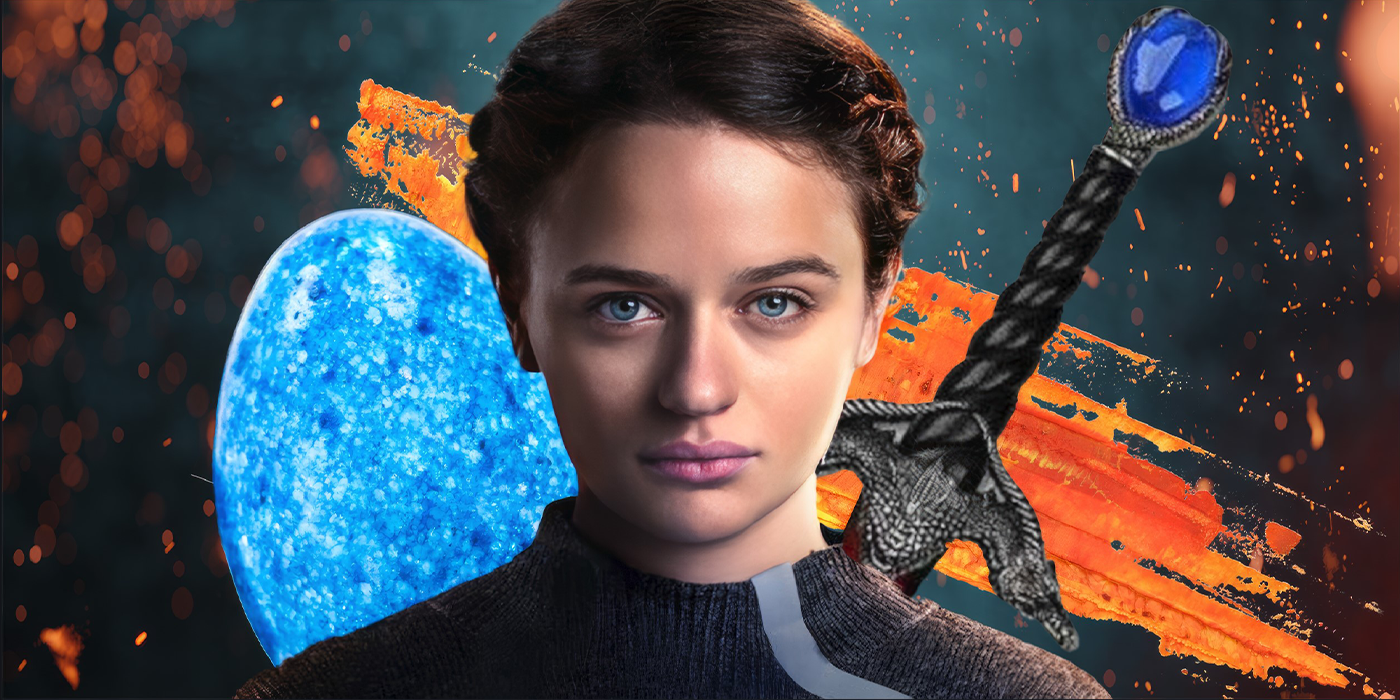 Joey King as Tally Youngblood in Uglies, with a glowing blue egg and sword from Eragon behind her