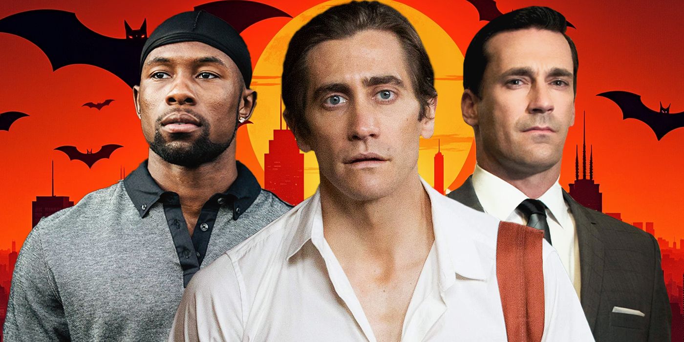 Blended image showing Trevante Rhodes, Jake Gyllenhaal, and Jon Hamm with bats on the background