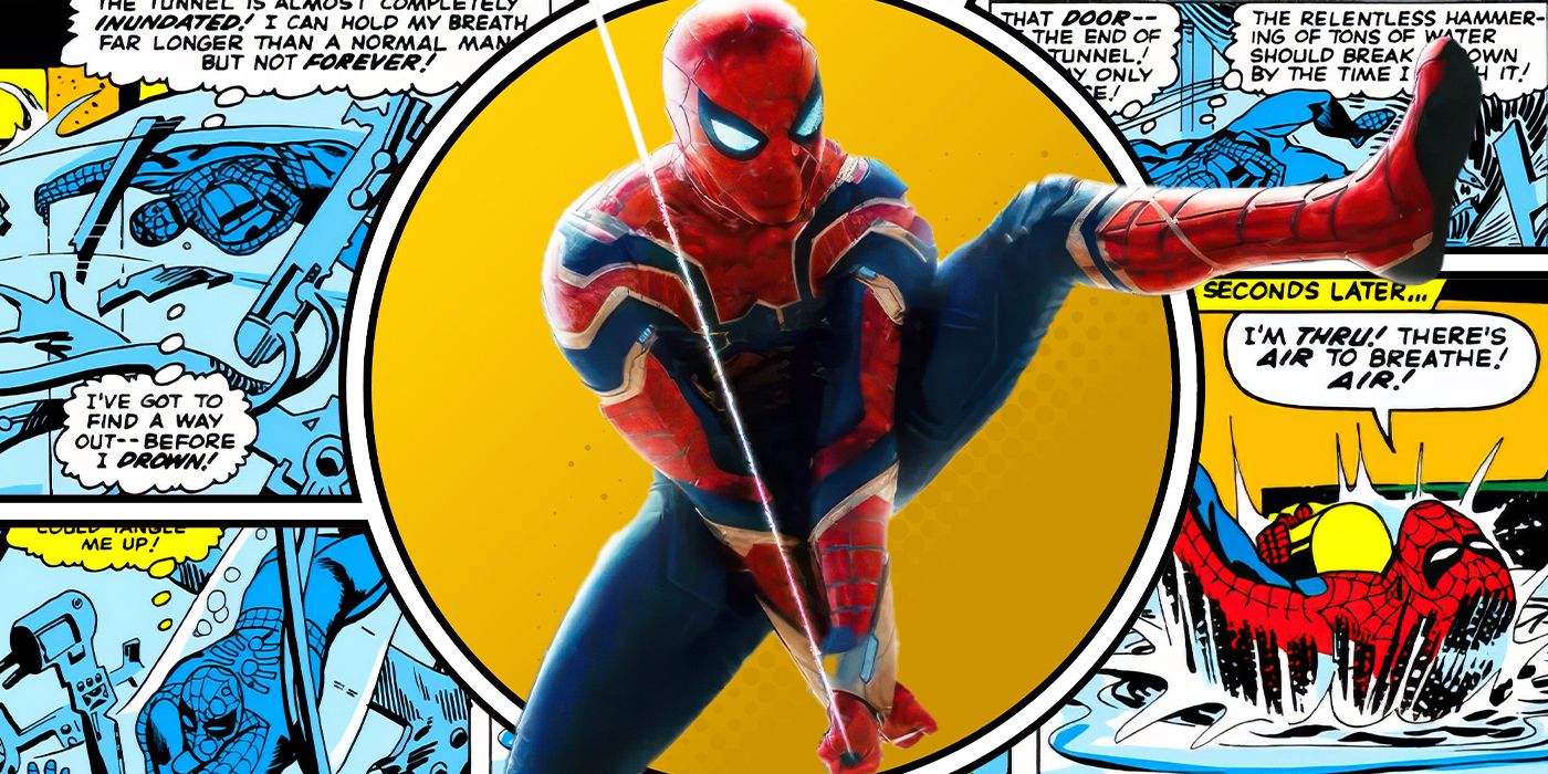 Blended image showing the MCU's Spider-Man in the middle of a comic book panel.