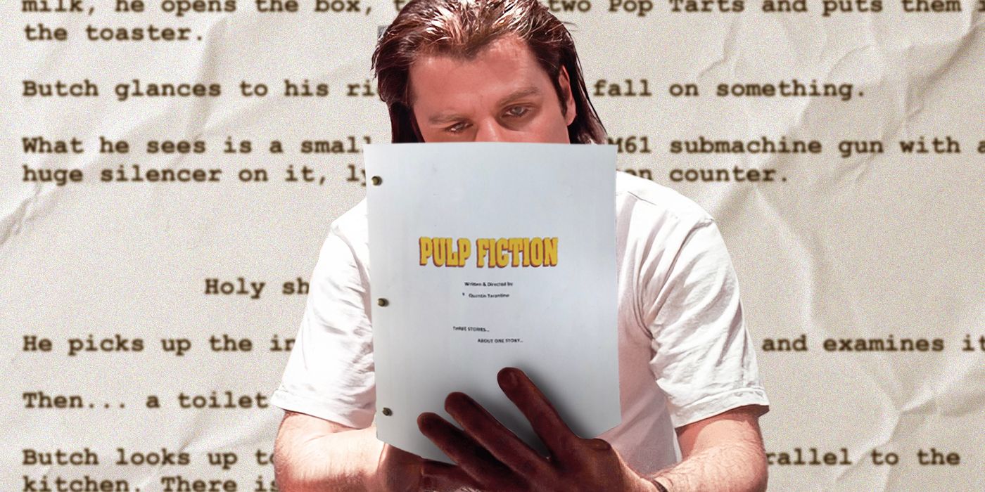 Blended image showing John Travolta in Pulp Fiction with a scrip page in the background