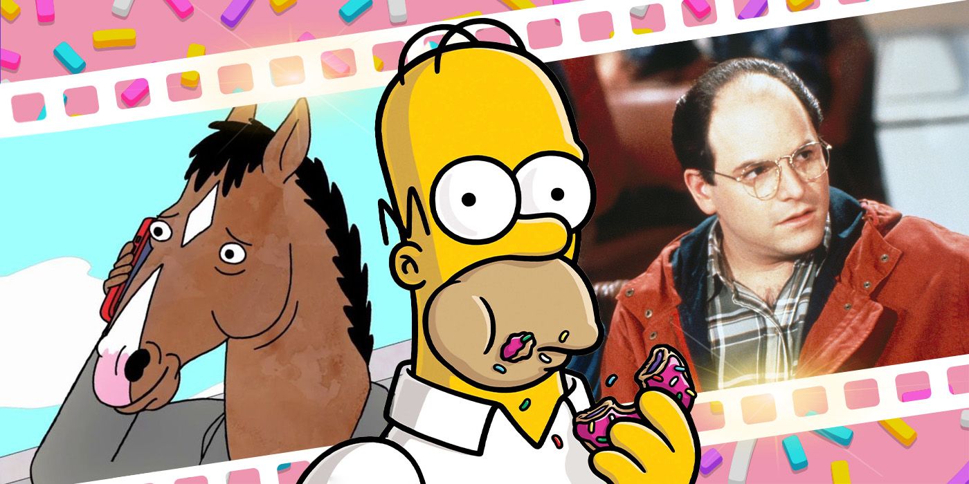 Homer Simpson, eating his donut, surrounded by BoJack Horseman and George Costanza (Jason Alexander)