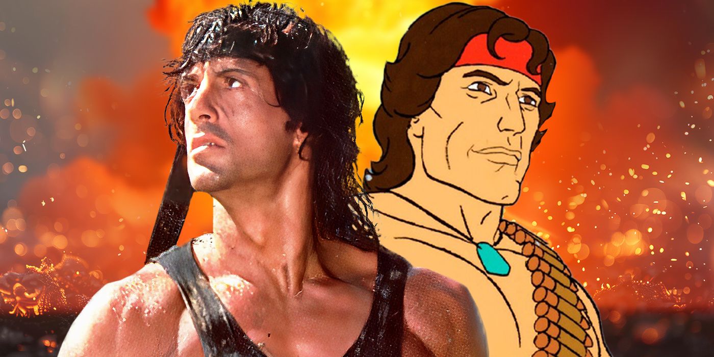 Live action Rambo is overlayed on top of the cartoon version of Rambo