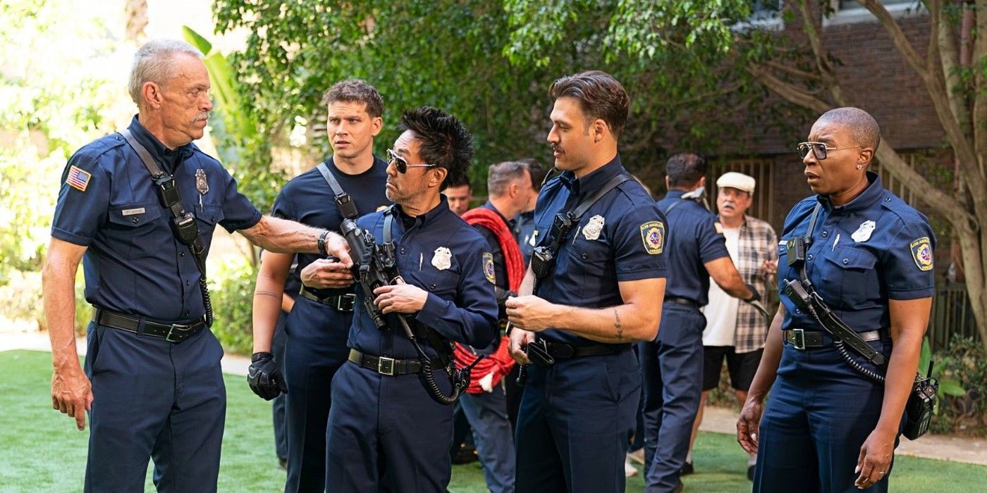 Captain Gerrard speaking with Buck, Chimney, Eddie, and Hen in 9-1-1 Season 8