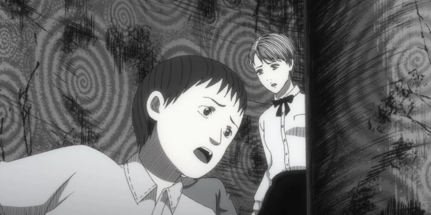 A scene with two characters looking worried in Uzumaki anime.