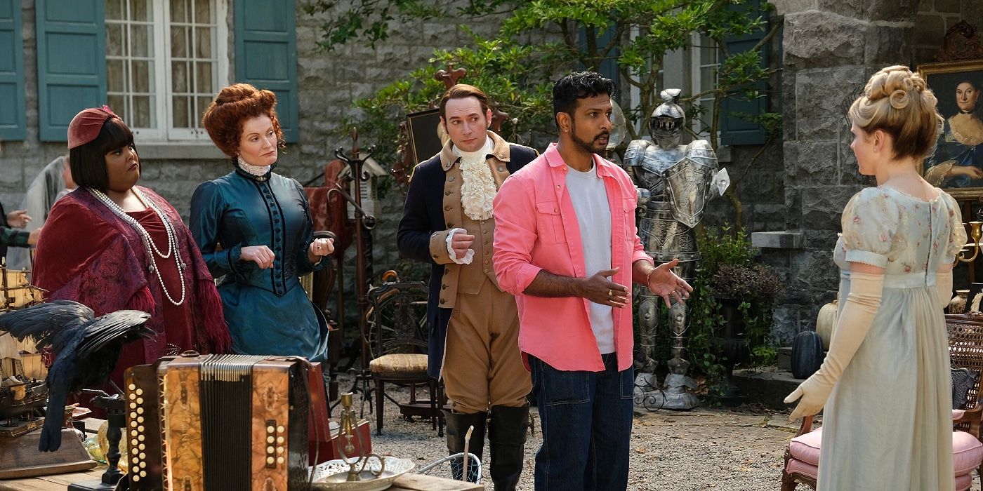 Danielle Pinnock, Rebecca Wisocky, Brandon Scott Jones, Utkarsh Ambudkar and Rose McIver amid a yard sale on Ghosts Season 4