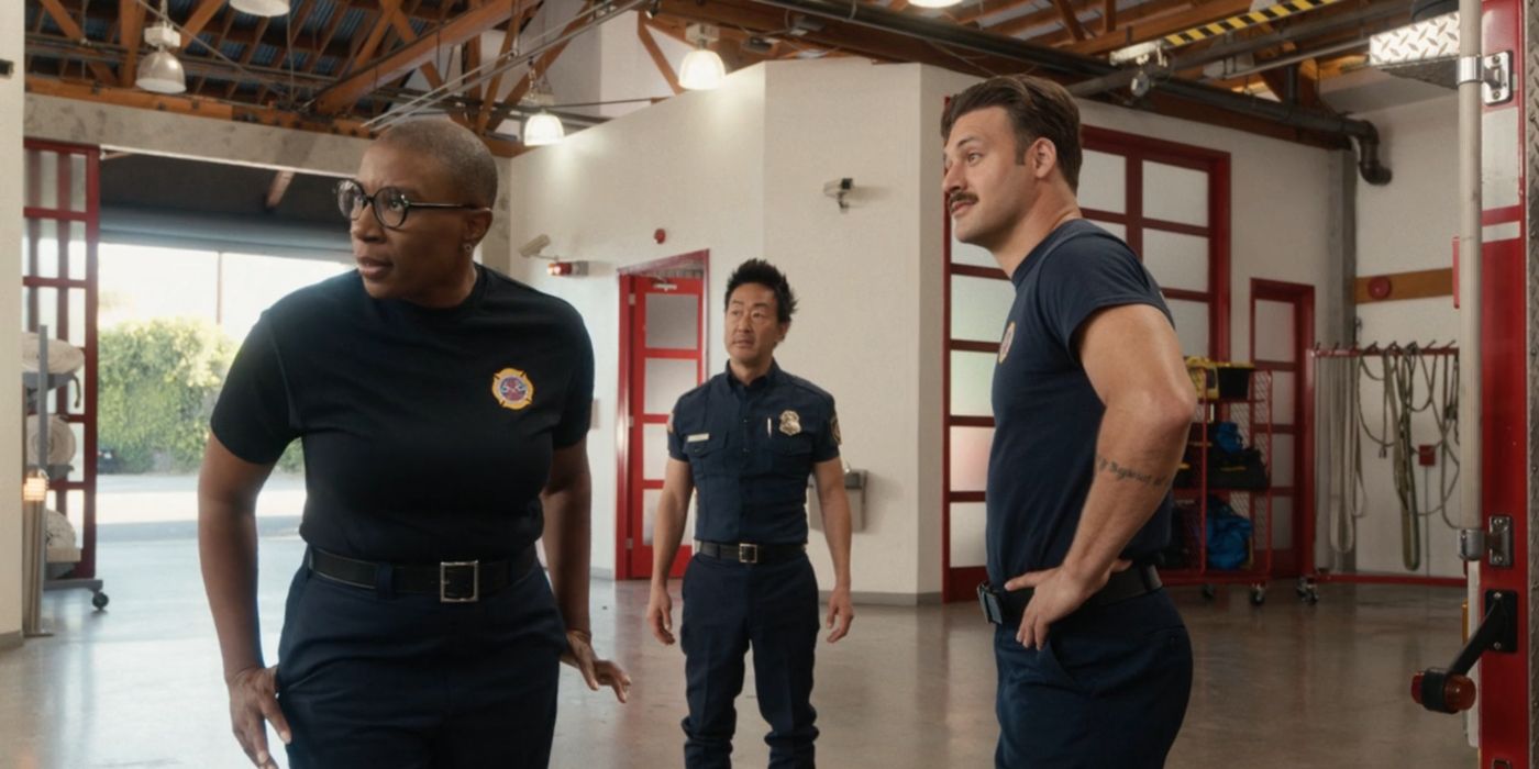 Hen Wilson (Aisha Hinds), Chimney (Kenneth Choi), and Eddie Diaz (Ryan Guzman) at the 118 LAFD firehouse in 9-1-1