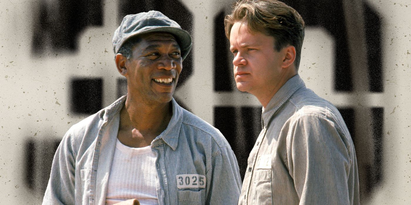 Andy, played by actor Tim Robbins, and Red, played by actor Morgan Freeman, stand together in a prison yard in The Shawshank Redemption.