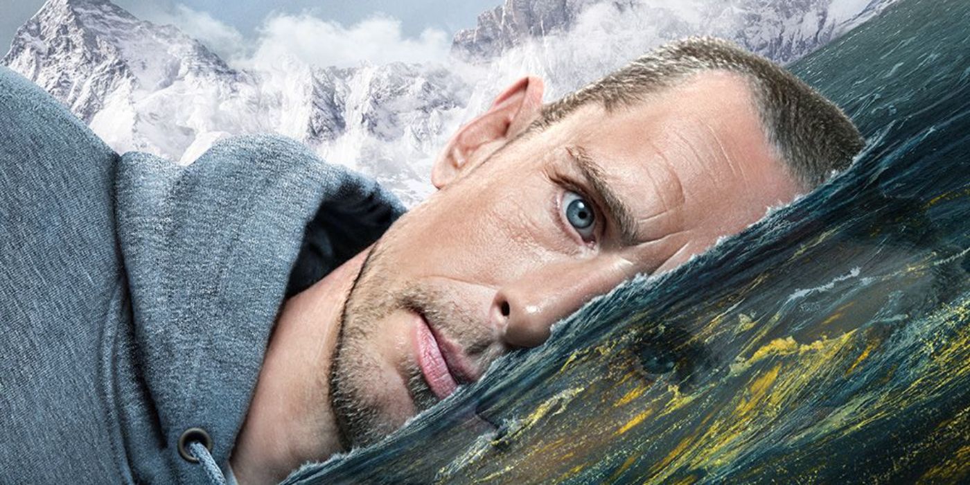 A Bering Sea Gold Cast Member's face sideways, submerged in ocean water in a promo for the series