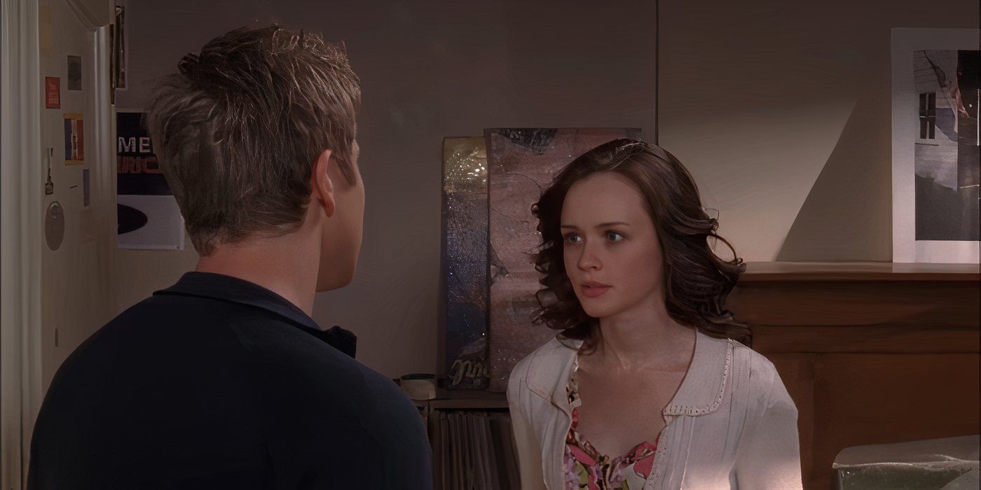 Alexis Bledel as Rory Gilmore speaks to Matt Czuchry as Logan Huntzberger in her dorm room in Gilmore Girls.