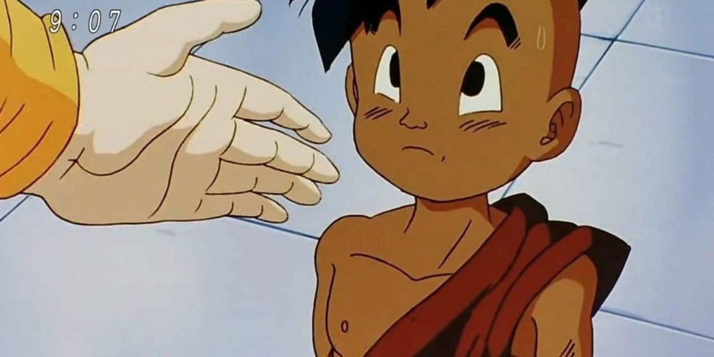 A nervous-looking Uub as he stares upward, in 'Dragon Ball Z'