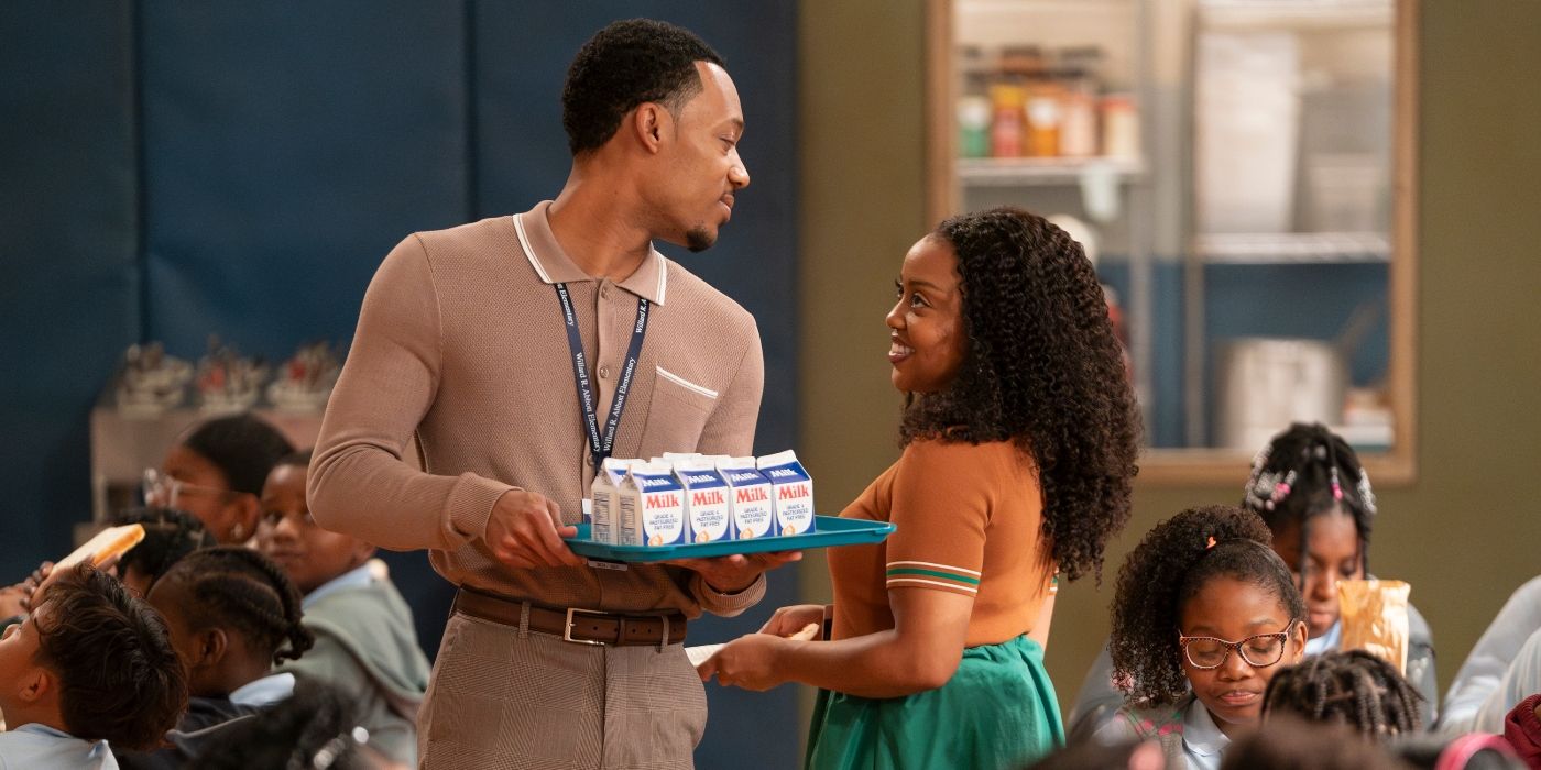 Tyler James Williams, holding a tray of milk boxes, flirts with Quinta Brunson in class