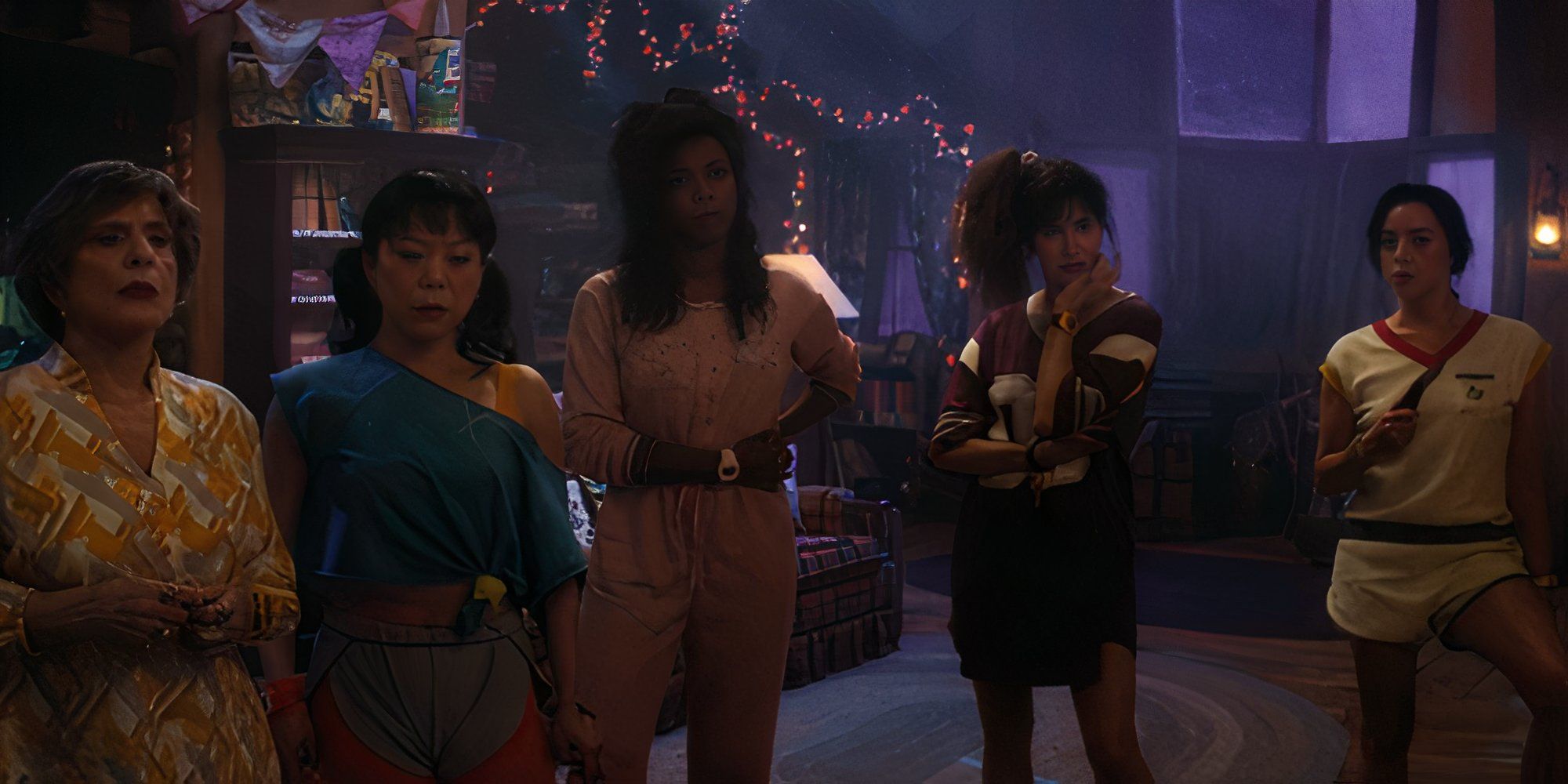 Lilia, Alice, Jennifer, Agatha, and Rio stand in 80s clothing in 'Agatha All Along'