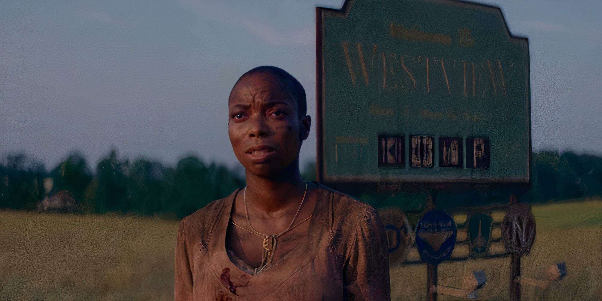 Jennifer Kale (Sasheer Zamata) in front of the Westview sign in &lsquo;Agatha All Along&rsquo;