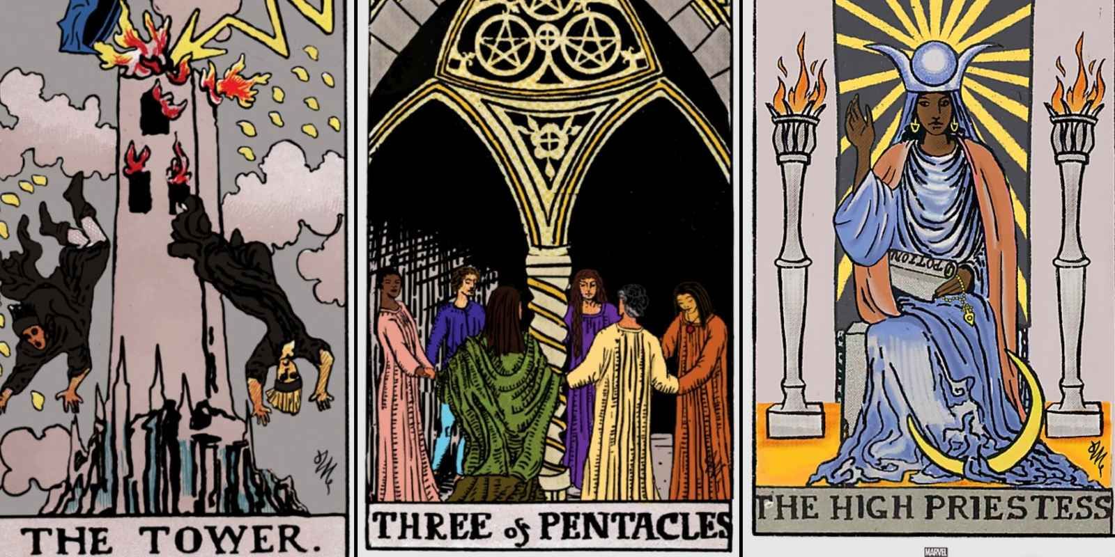 Promotional art for Agatha All Along of The Tower, Three of Pentacles, and The High Priestess tarot cards