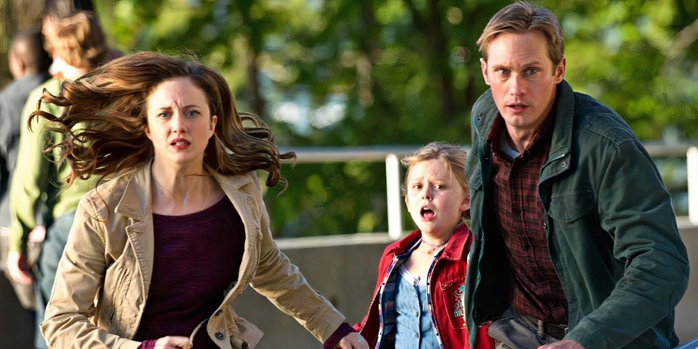 Alexander Skarsgård, Andrea Riseborough, and Emily Alyn Lind running in Hidden