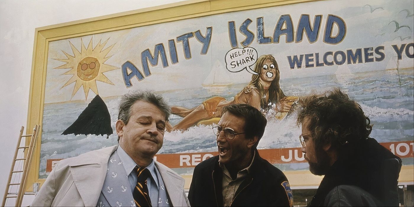 Image of the iconic vandalized billboard scene from 'Jaws' (1975).