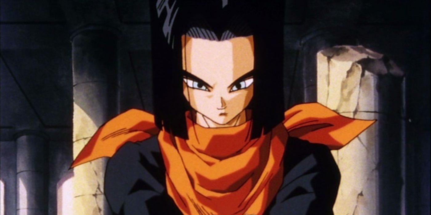 Android 17 grinning as he faces the camera, in 'Dragon Ball Z'