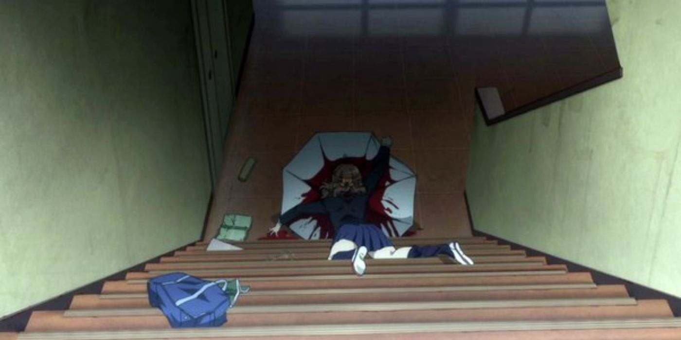 A girl bleeding to death on an umbrella at the bottom of the stairs in Another.