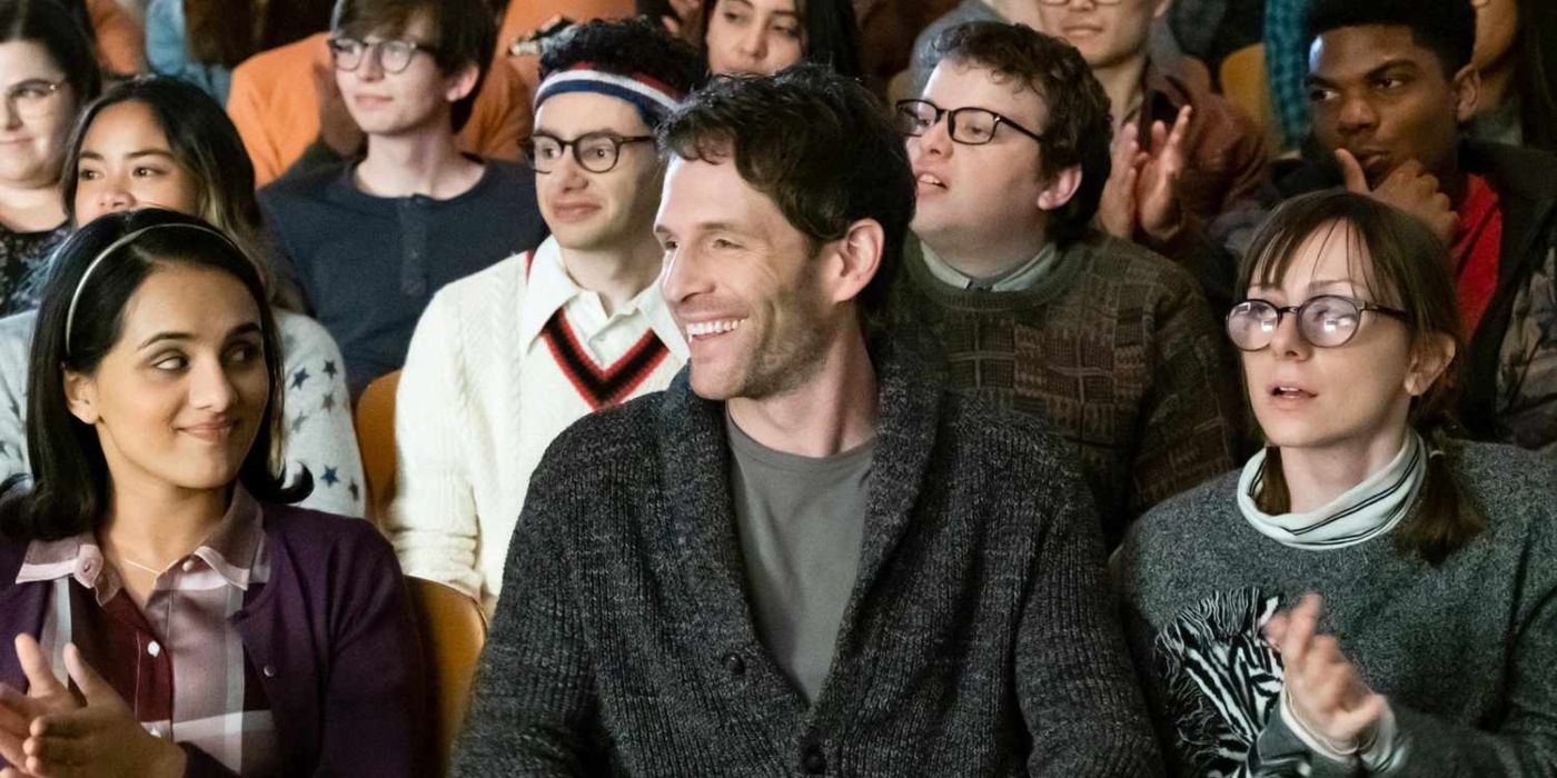 Jack (Glenn Howerton) sits next to Sarita (Aparna Brielle) and Heather (Allisyn Snyder) in an auditorium of kids in 'A.P. Bio.'