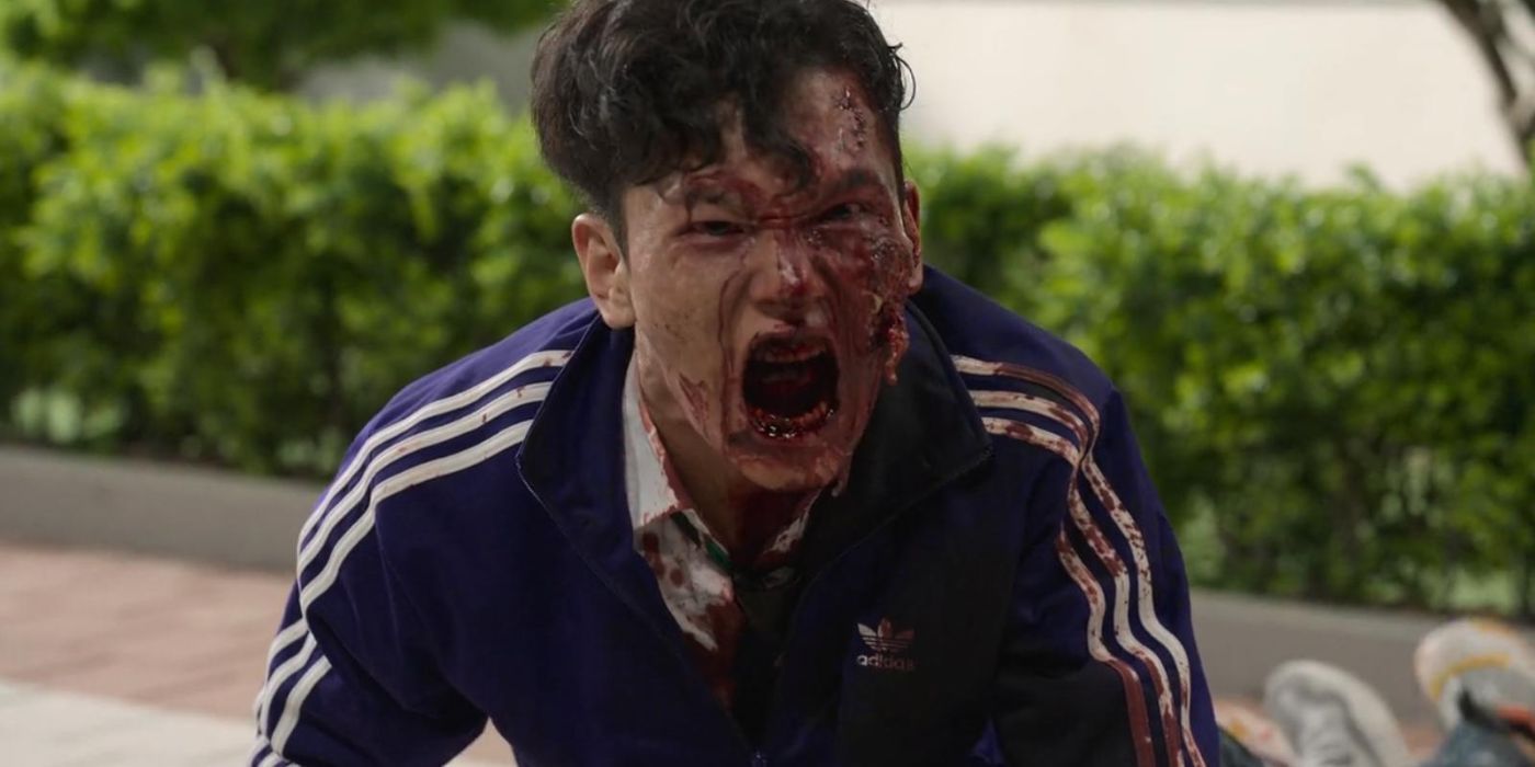 A bloodied, snarling zombie in All of Us Are Dead Season 1 Episode 1