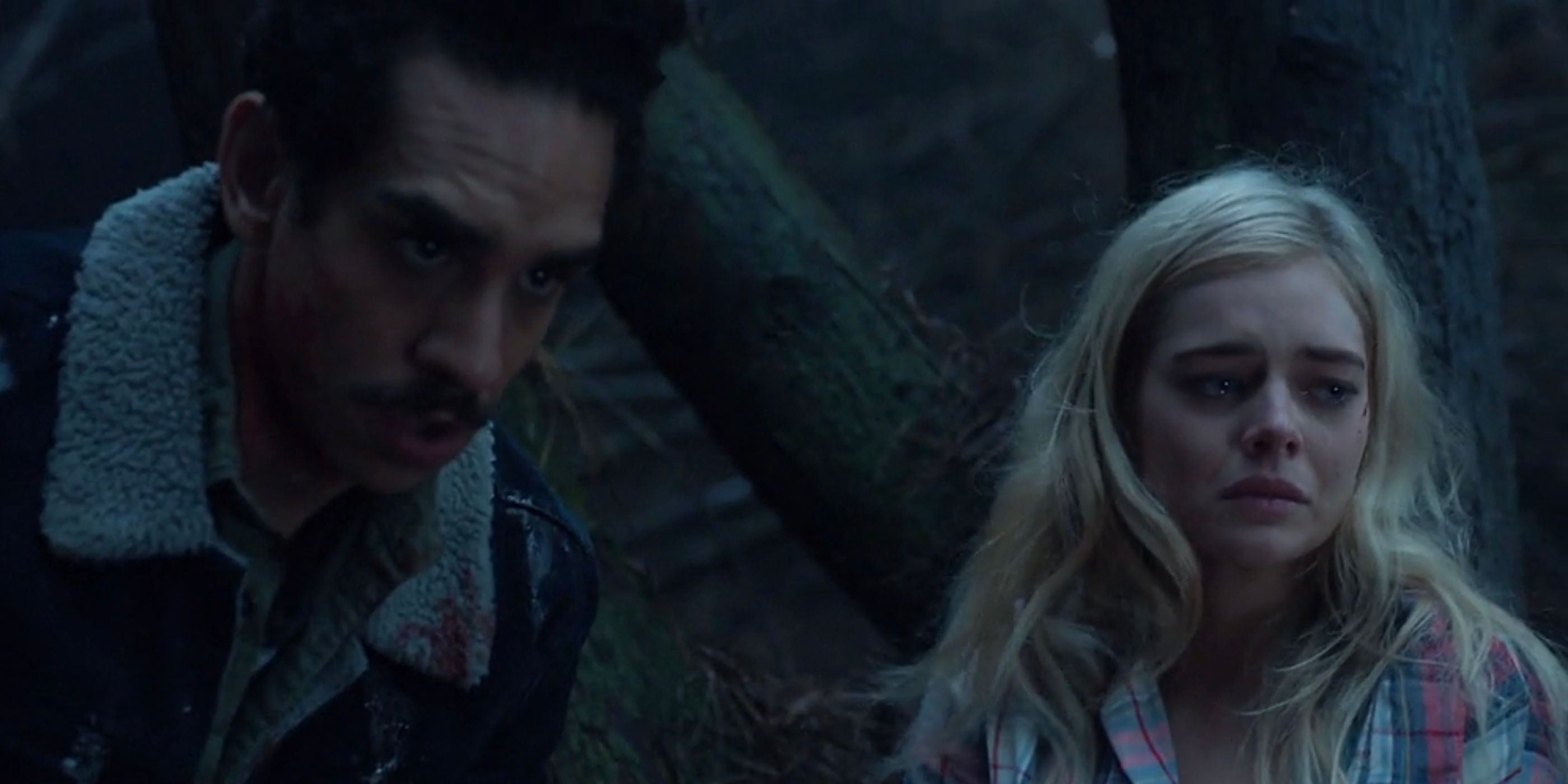 Ray Santiago and Samara Weaving in Ash vs. Evil Dead. 