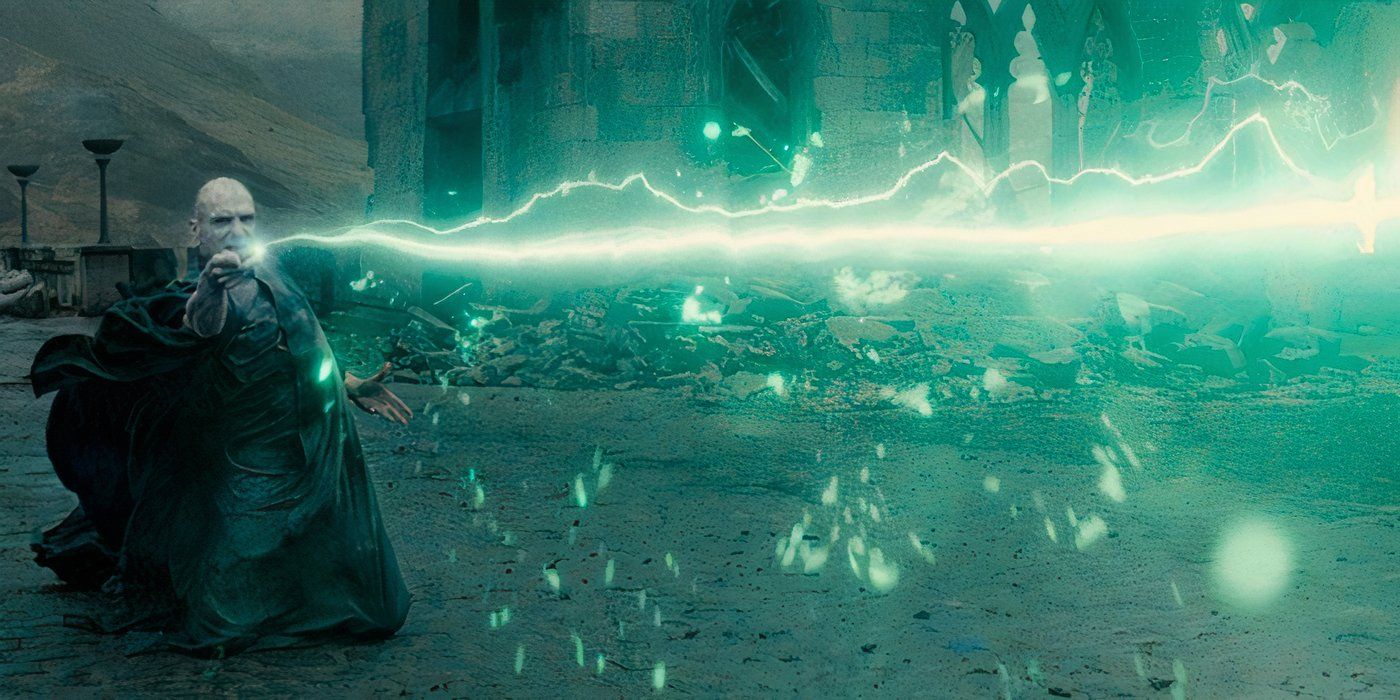 Voldemort casts a green spell Avada Kedavra from his wand in Harry potter and the Deathly Hallows Part 2.