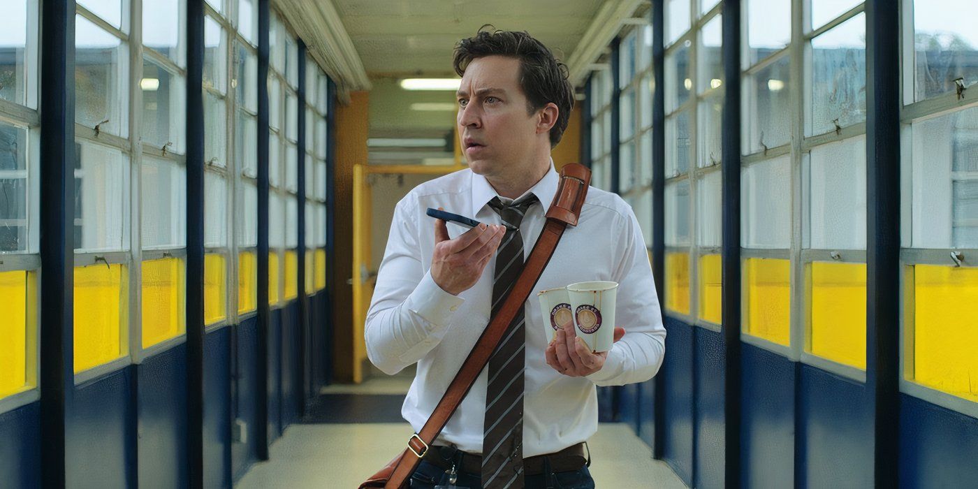 Mr. Marquez (Brian Jordan Alvarez) stops in his tracks in the hallway of a high school in 'English Teacher'.