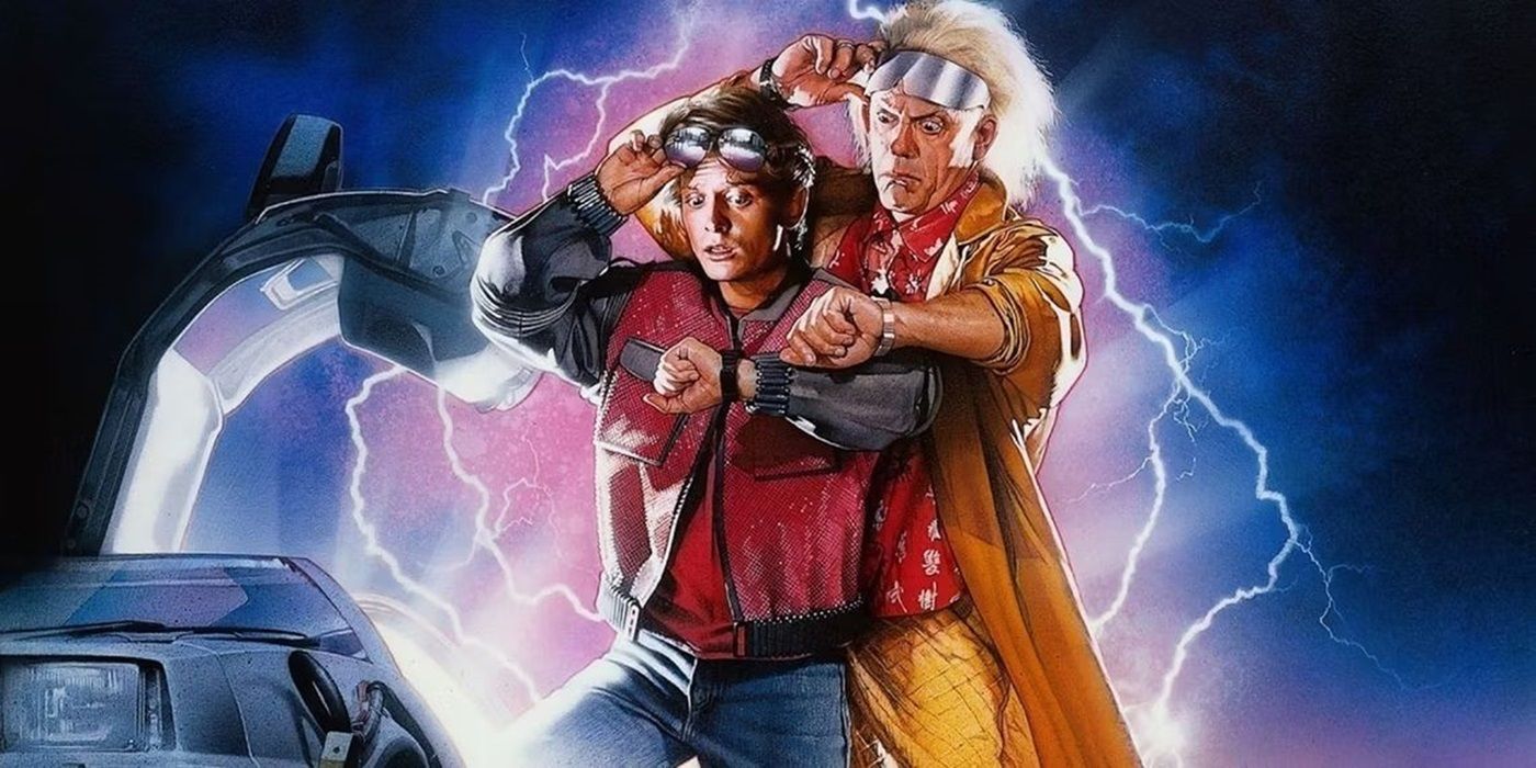 Michael J. Fox as Marty McFly and Christopher Lloyd as Doc Brown looking at their watches, standing outside the DeLorean in Back to the Future