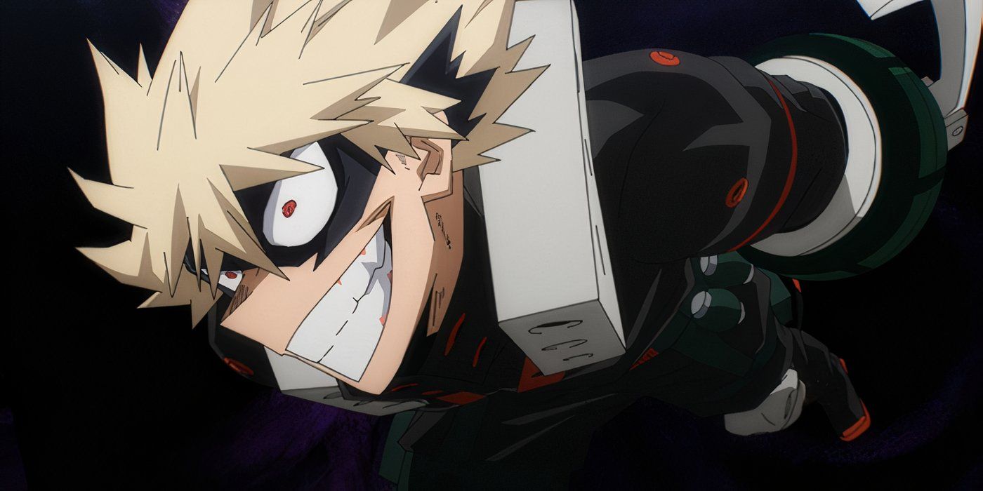 Bakugo grinning as he flies through a portal in My Hero Academia