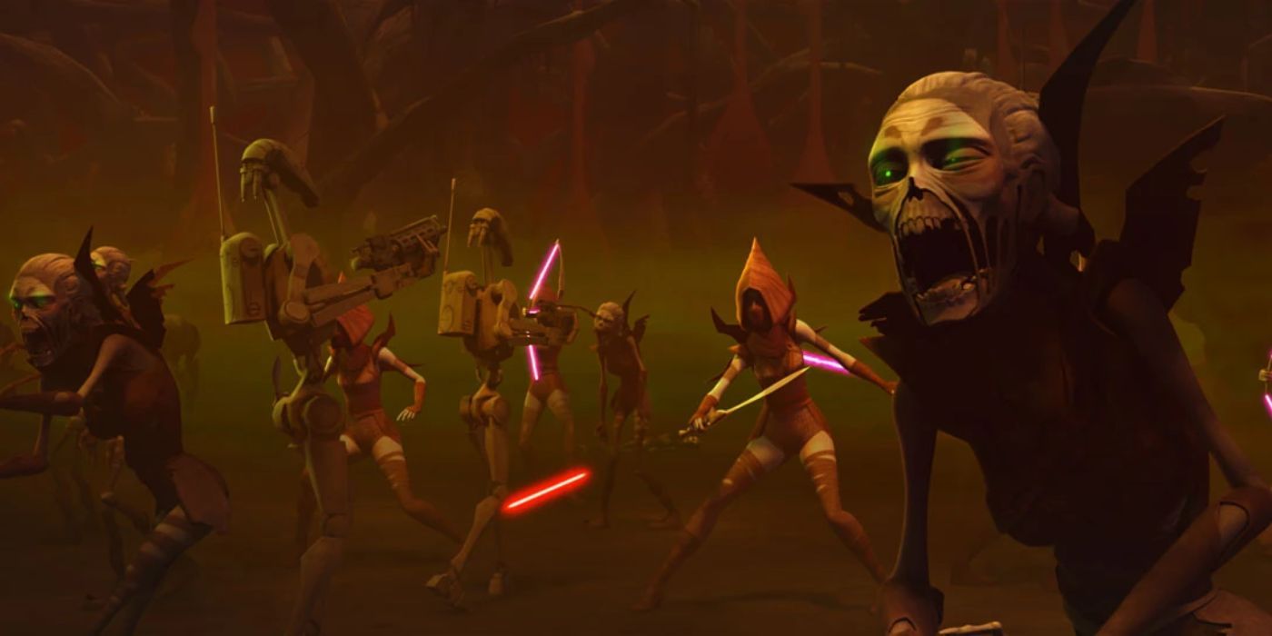 The nighsisters engage the droids at Dathomir in &lsquo;Star Wars: The Clone Wars&rsquo;