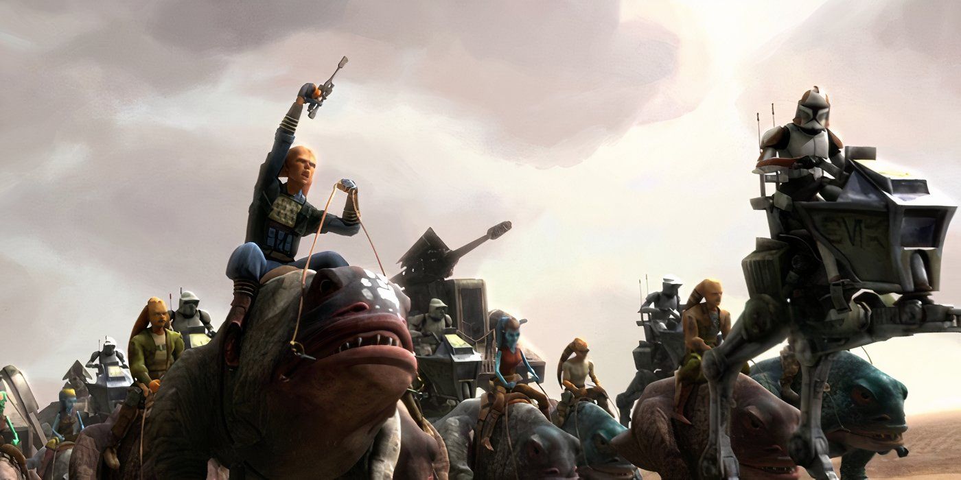 Cham Syndulla on a Blurrg leads Twi&rsquo;lek warriors and clones against droids in Star Wars: the Clone Wars.