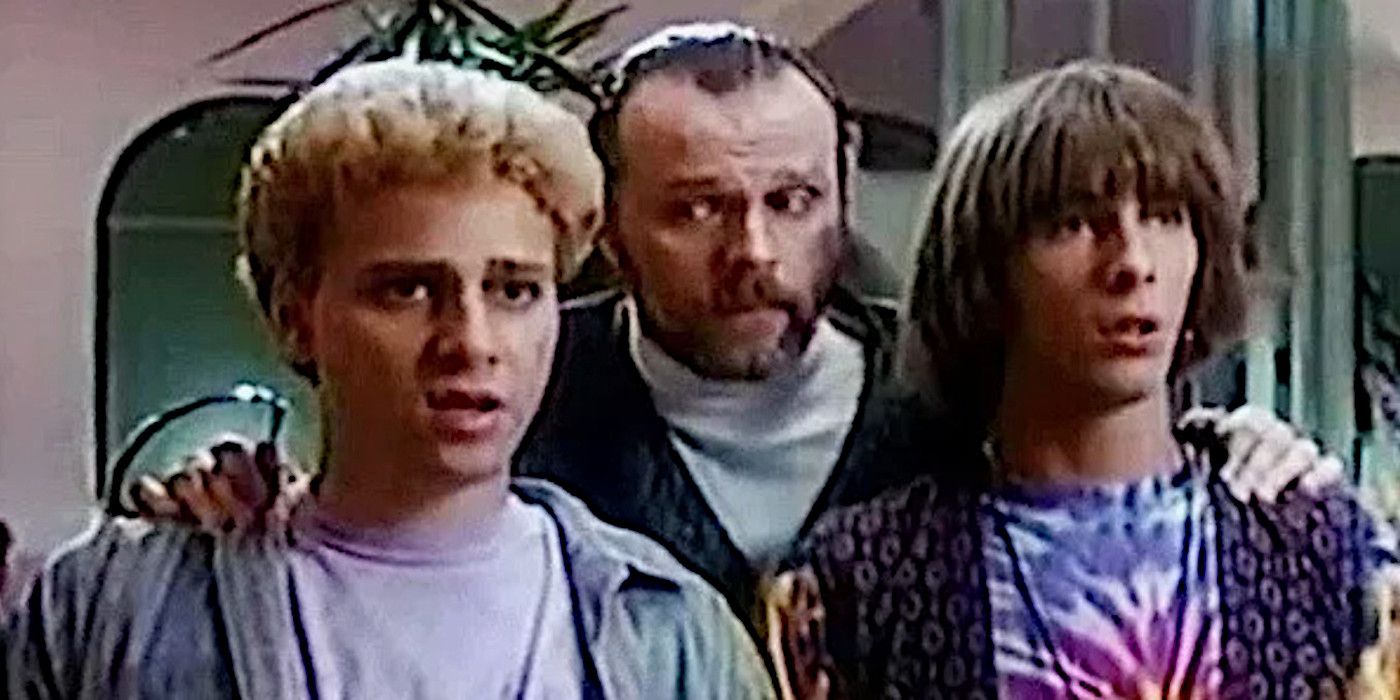 Bill and Ted look concerned as Rufus stands behind them on Bill and Ted&rsquo;s Excellent Adventures