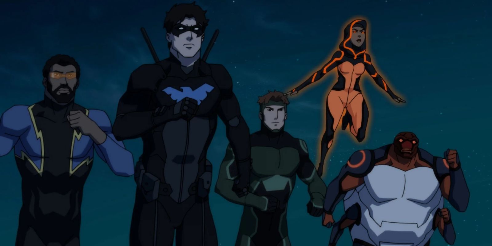 Black Lightning, Nightwing, Geo-Force, Halo, and Forager running into battle in Young Justice