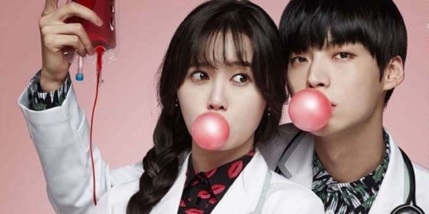 The main characters pose for a promotional photo in doctor coats, blowing bubble gum bubbles in Blood.