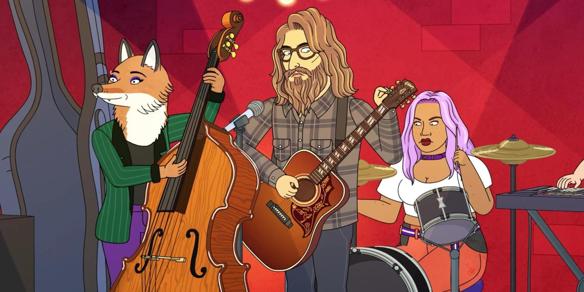 Judah Mannowdog playing acoustic guitar in a band in the 'Bojack Horseman' episode, "Angela"