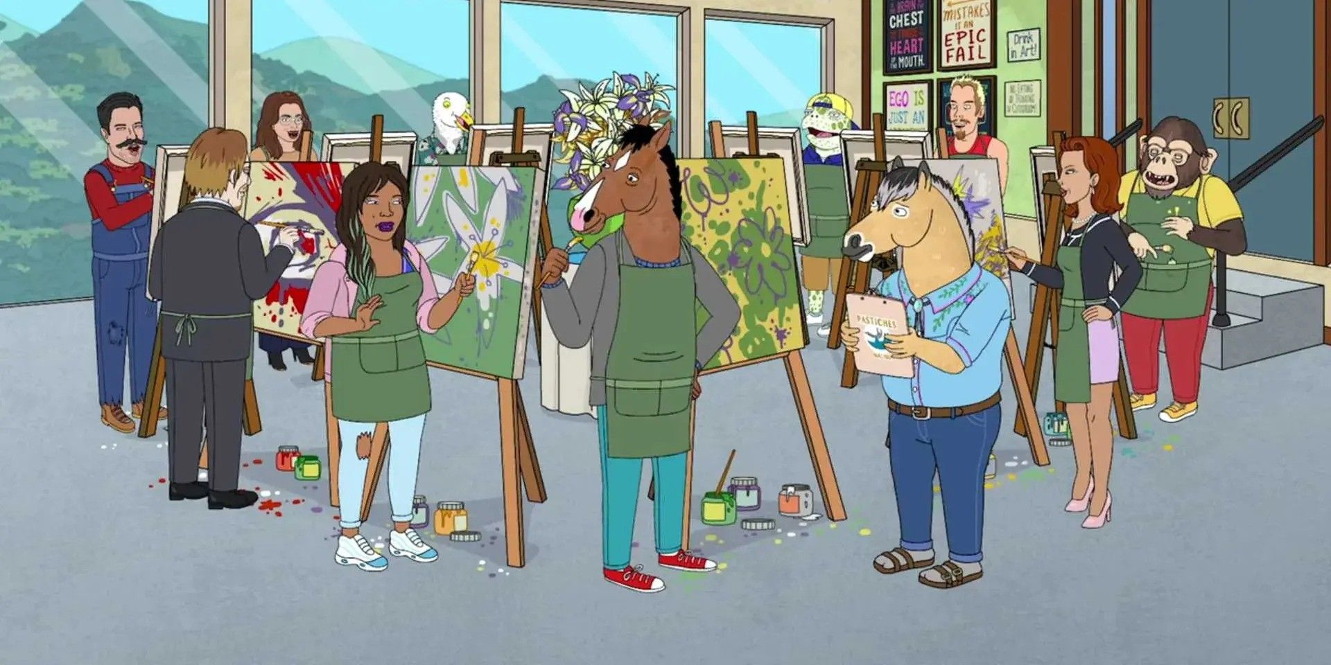 BoJack painting in a large group while in rehab in the Bojack Horseman episode "A Horse Walks into a Rehab"