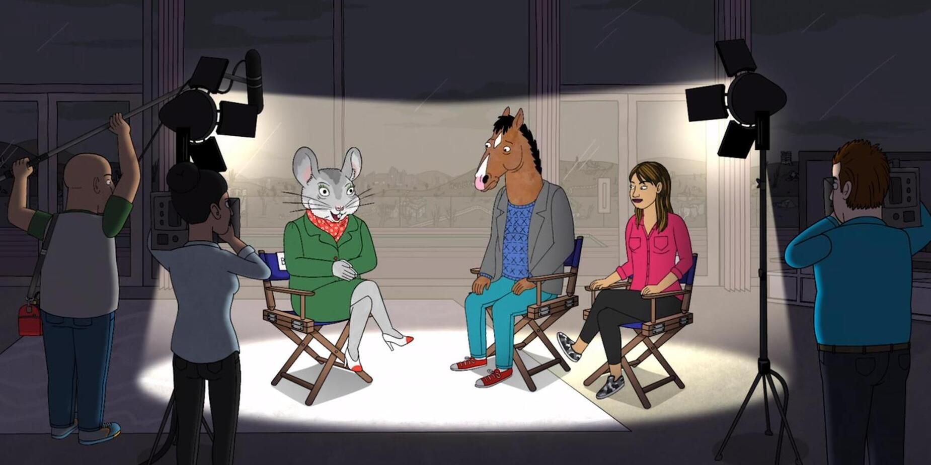 Bojack and Gina sitting together for an interview with Chinchilla talk show host Biscuits Braxby in the 'Bojack Horseman' episode "The Stopped Show"