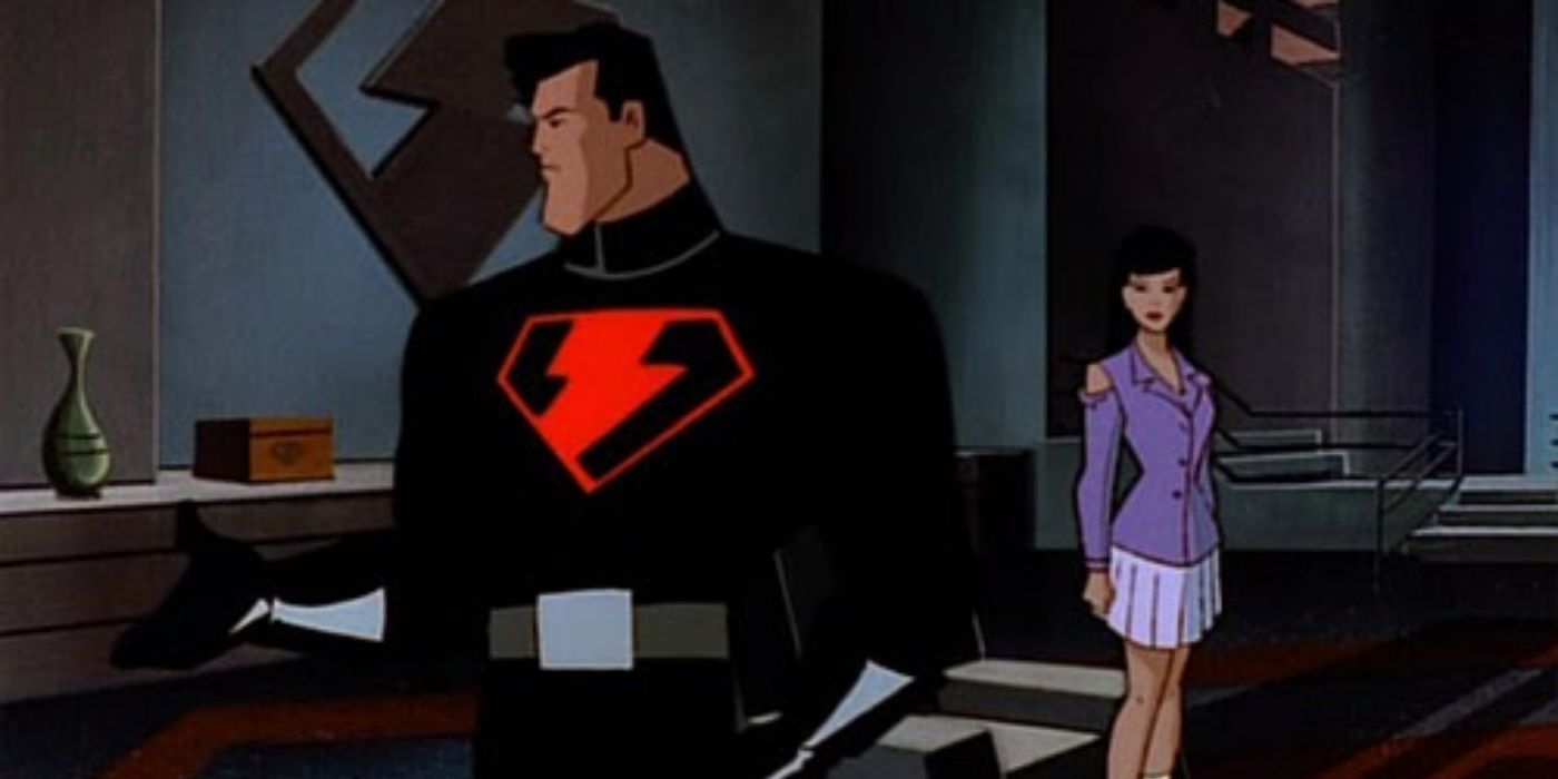 Lois Lane looking at Superman in black and red suit in Superman: The Animated Series