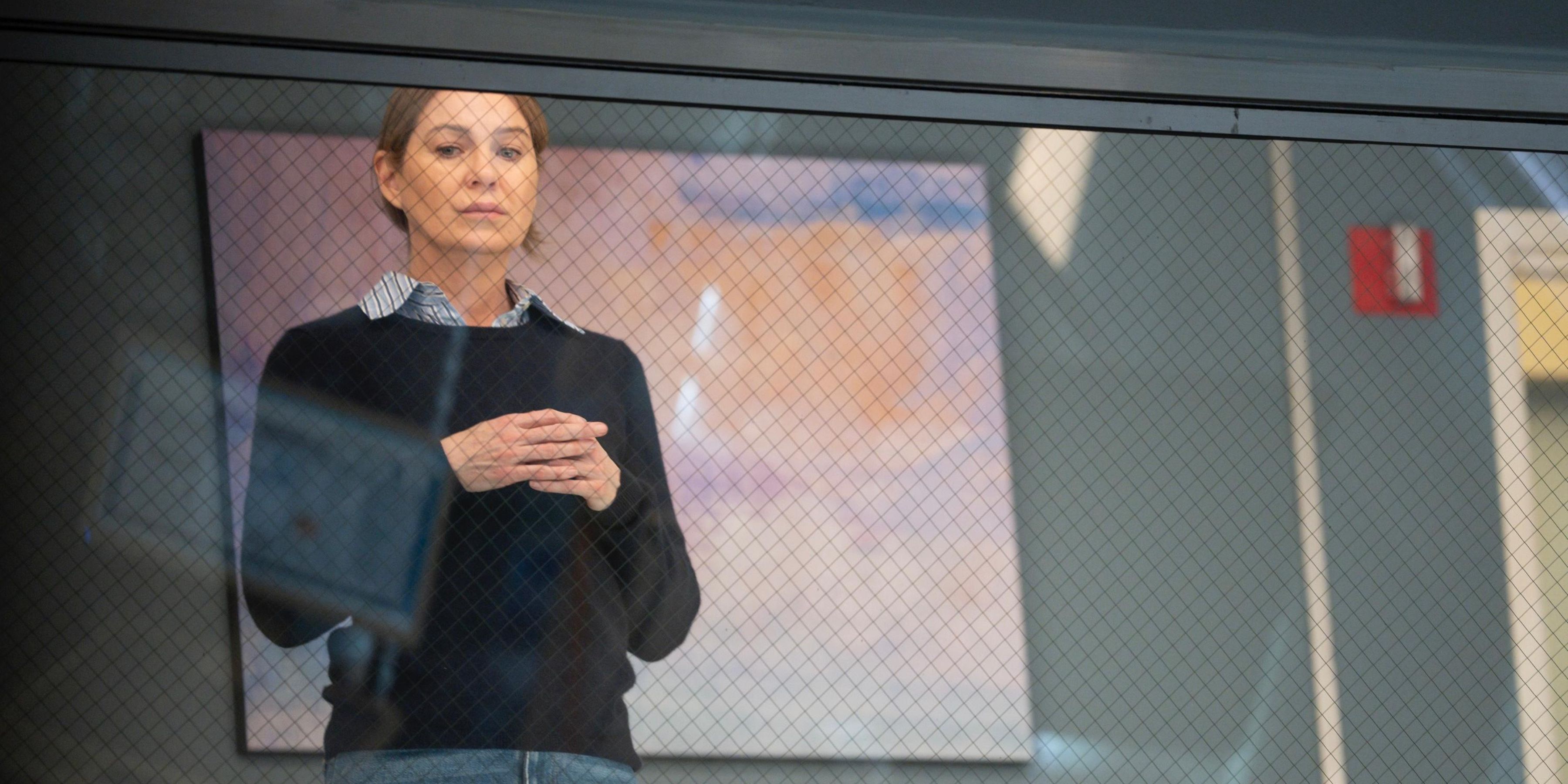 Ellen Pompeo as Meredith Grey in the Season 20 finale of 'Grey's Anatomy,' standing in the OR gallery watching a surgery being performed