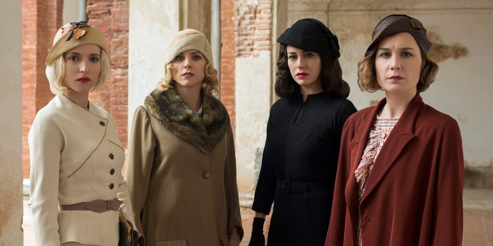 The main characters stand together in a worn-down corridor wearing vintage clothing in Cable Girls.