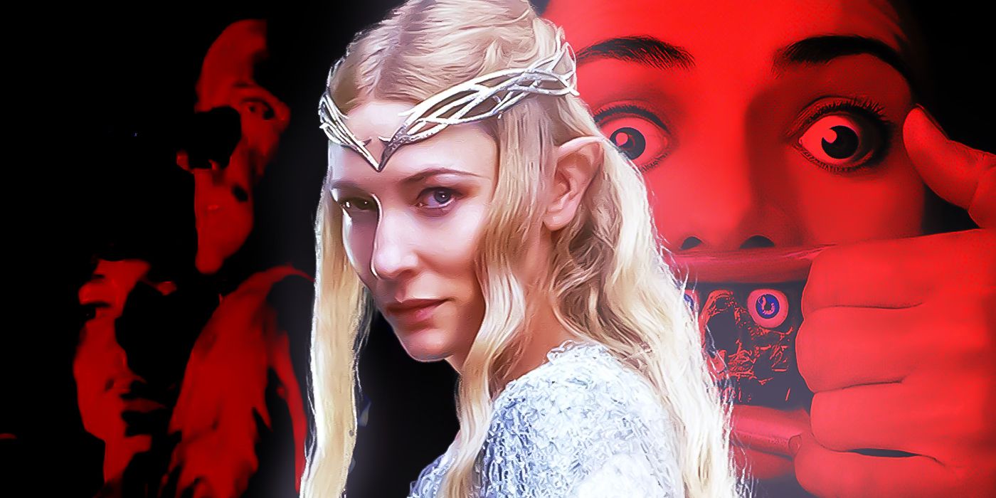 Actor Cate Blanchett as Galadriel in Lord of the Rings, in front of the poster for the movie Braindead.