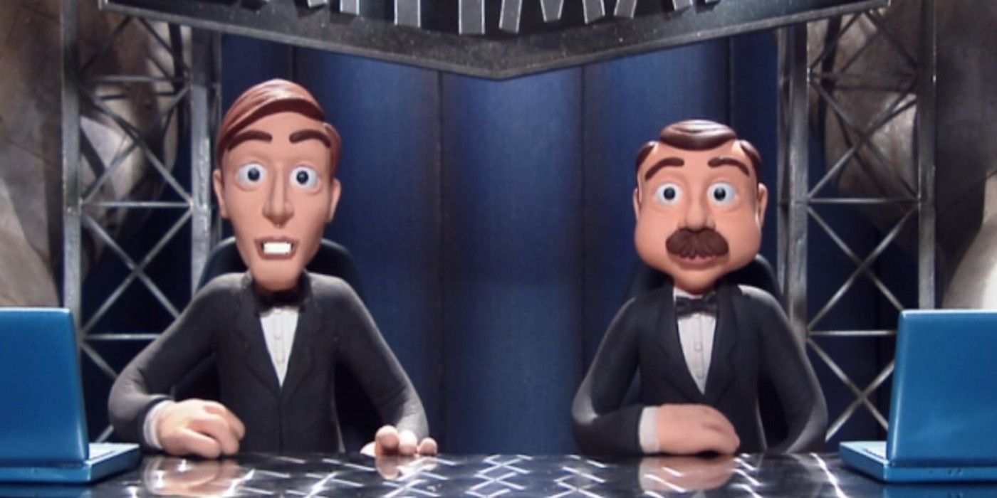 Announcers Johnny Gomez and Nick Diamond sit behind their announce desk on 'Celebrity Deathmatch.'