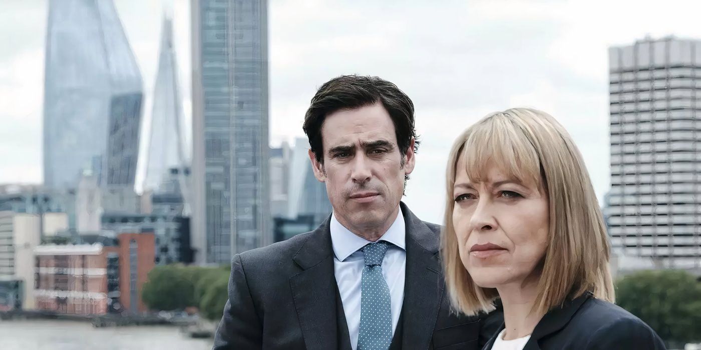 A man and woman stand outside in front of tall office buildings in The Split.