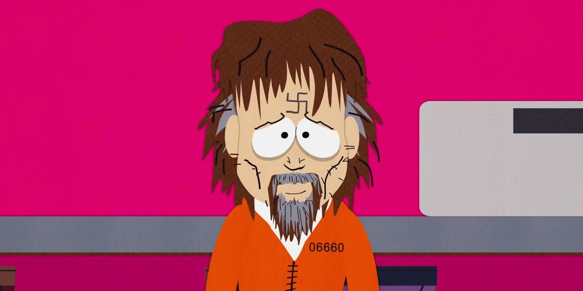 Charles Manson looking distressed in 'South Park'