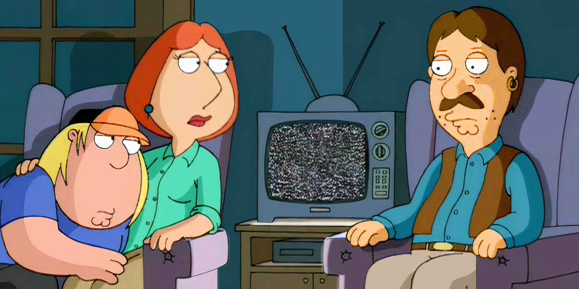 Chris and Lois looking at Bruce, who is sitting in a chair next to them in Family Guy episode Petergeist.