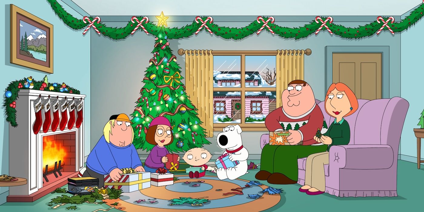 The Griffin family opening presents in the Family Guy Christmas Hulu special